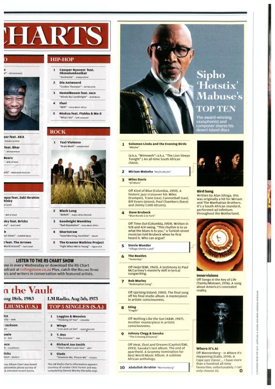 Sipho Mabuse Top 10 for Rolling Stone South Africa - Aug 2013